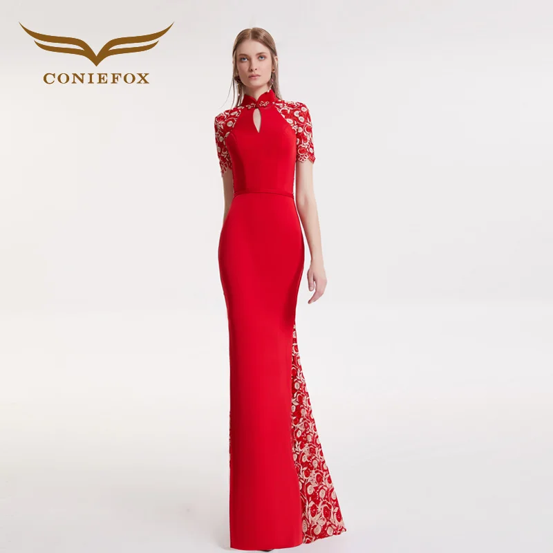 CONIEFOX 32128 Sexy Fashion Slim flowers mermaid Ladies Retro elegance Appliques prom dresses party evening dress gown long red | Свадьбы и