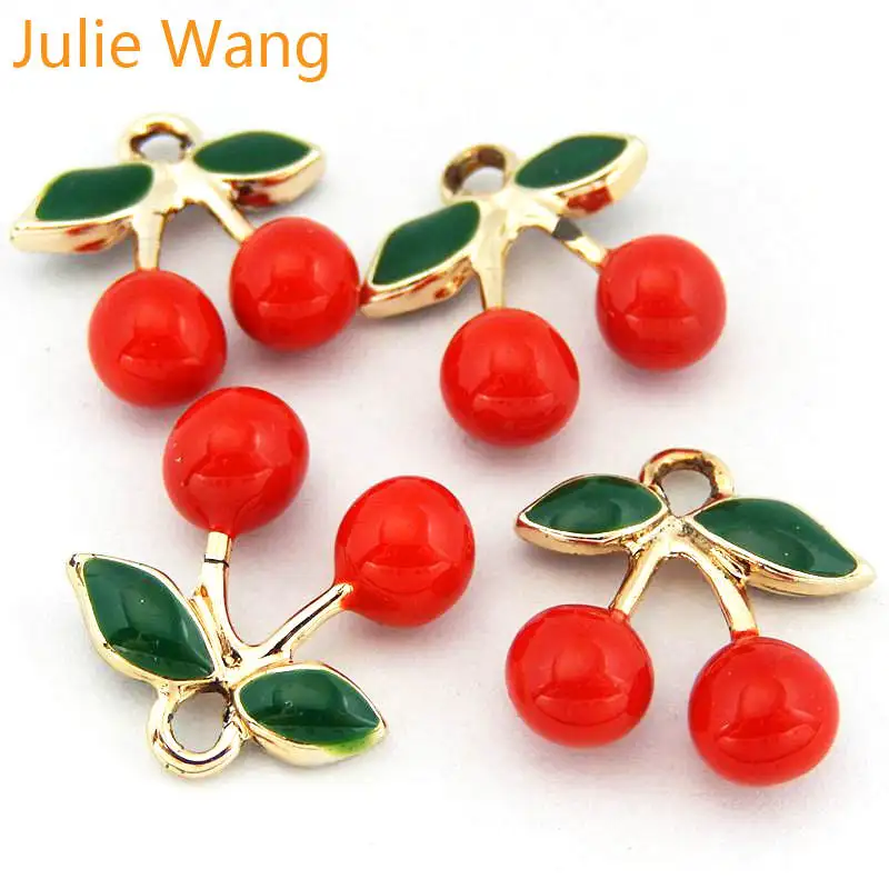 Julie Wang 3PCS Enamel Red Cute Cherry Fruit Charms Necklace Pendant Earrings Findings DIY Jewelry Making Accessory | Украшения и
