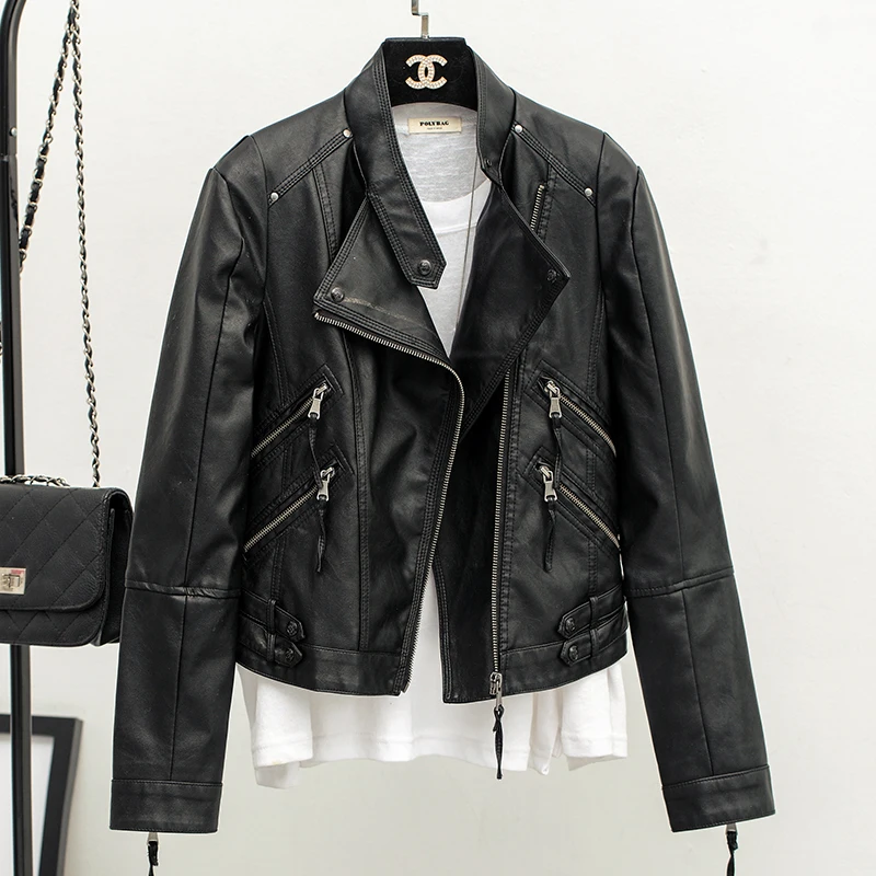Женская мотоциклетная куртка с длинными рукавами тонкая короткая черная кожаная