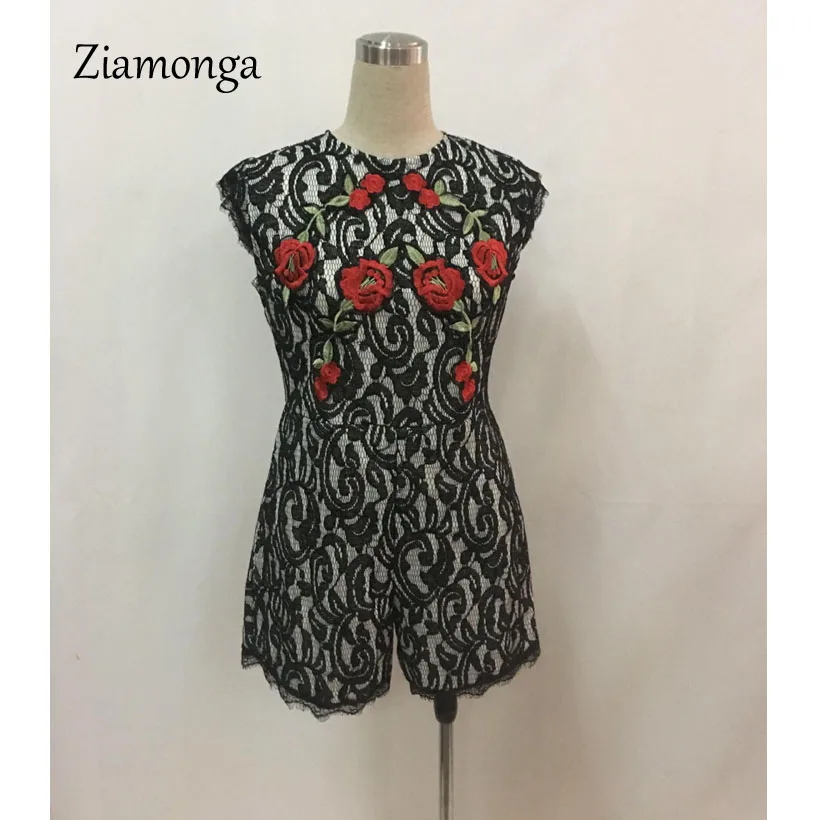 Ziamonga Сексуальное Черное Кружевное боди Женский комбинезон с вышивкой
