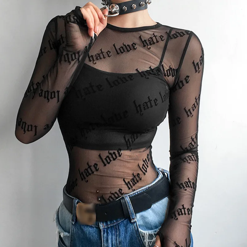 Летняя женская черная футболка с буквенным принтом сетчатые прозрачные тонкие