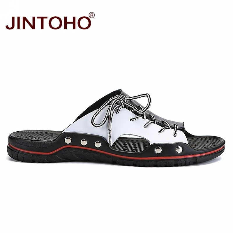 Летняя мужская обувь JINTOHO из натуральной кожи модные мужские кожаные тапочки