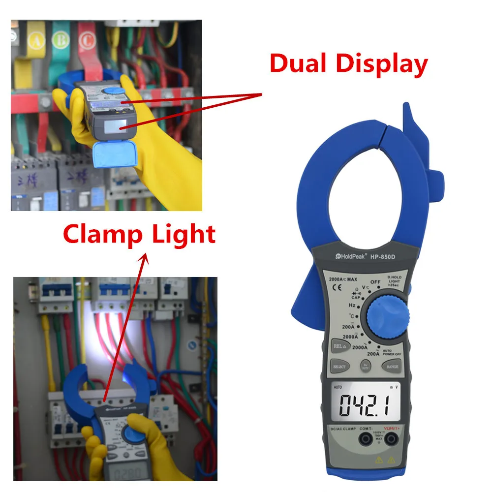 

HoldPeak HP-850D 2000A Clamp Meter with Frequency/Temperature/Capacitance/Duty Cycle Test and Carry Bag