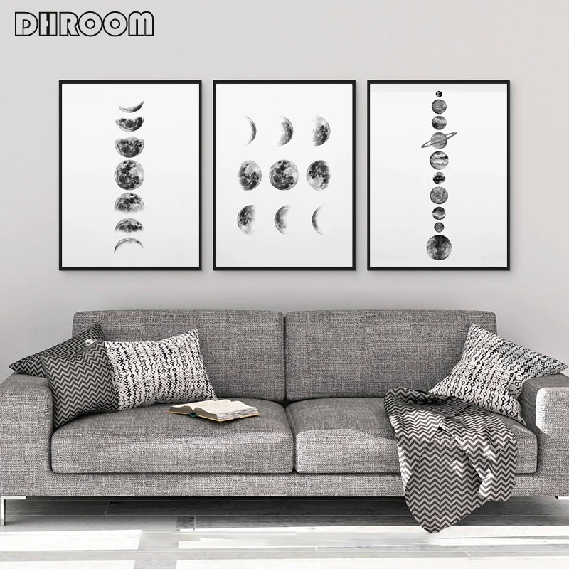 

Solar System Wall Art Black and White Moon Phases Canvas Art Prints Minimalist Space Poster Painting for Living Room Home Decor