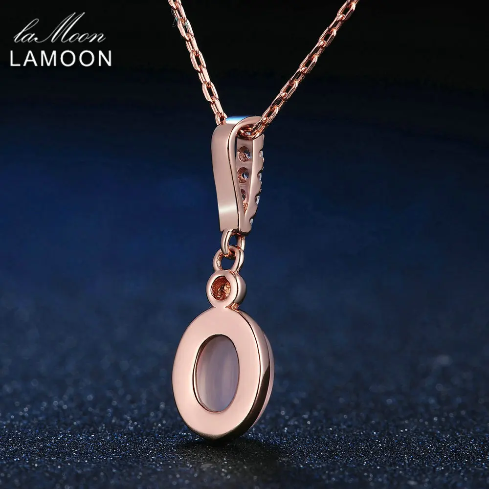 LAMOON 925 пробы Серебряное ожерелье Овальный розовый кварц кулон 18K розовое золото