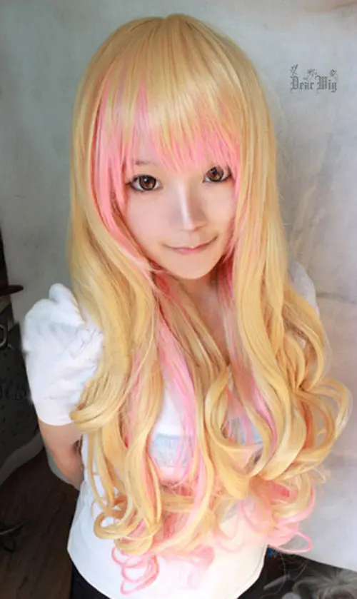 Шерил Ном Macross Frontier F 70 см Длинные Вьющиеся Золотой и Розовый Смешанный Косплей