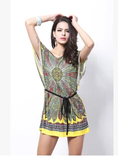 Summer new dress national printing large waist Bat Sleeve Silk Dress | Женская одежда