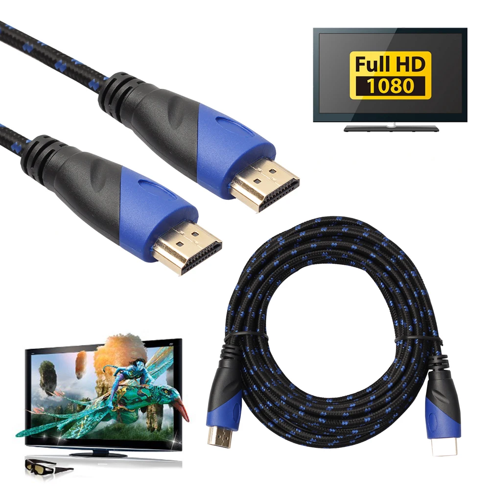 Высокая скорость плетеный кабель HDMI позолоченное соединение Черный Синий Сетка 1080 P, 0,5 м, 1 м, 1,8 м, 3 м, 5 м, 10 М V1.4 AV HD 3D для Xbox HDTV