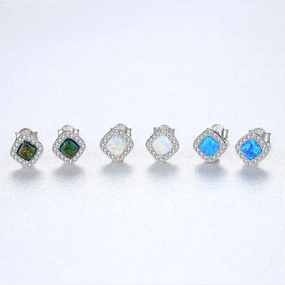 Simple rectangle CZ Stud Earrings Green Blue Opal 925 Silver for Women 3 Color Classic Fashion Jewelry OL Style Gift | Украшения и