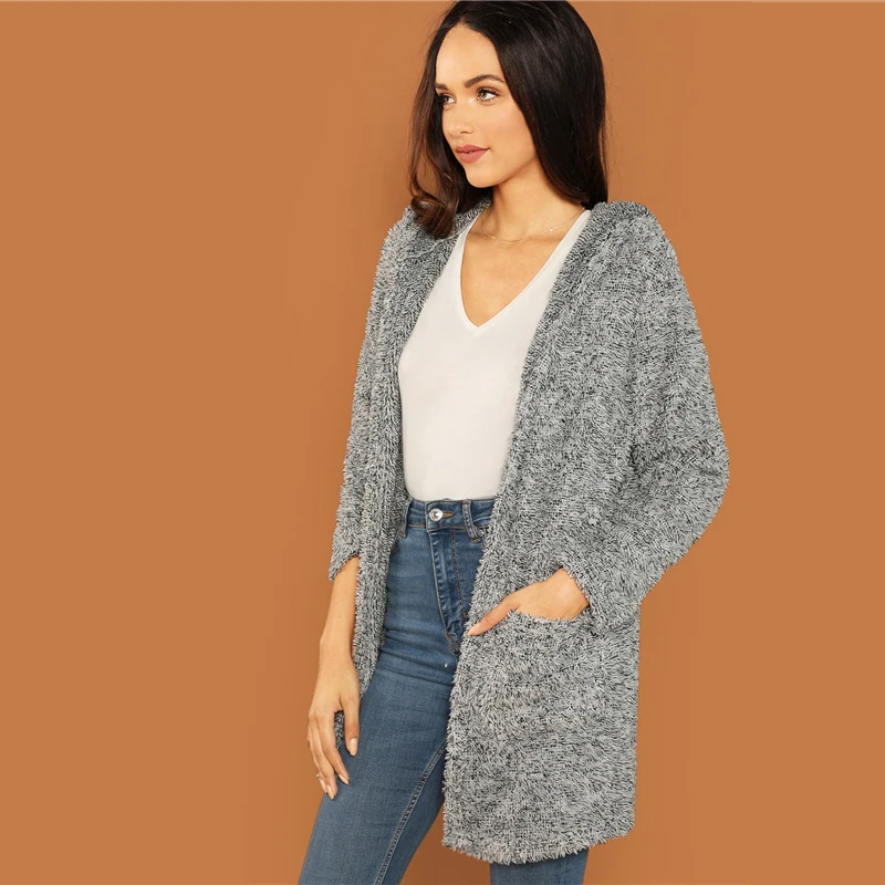 SHEIN Пушистое Пальто С Капюшоном И Карманом Женское Серое Повседневное Теплое Пальто