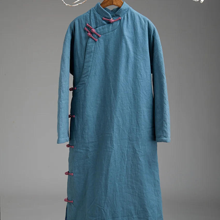 

TaFiY Vestidos 2017 Women Winter Dresses Vintage Handmade Plate Buttons Cotton Padded Thicken Warm Ramie Dress Loose Long Robes