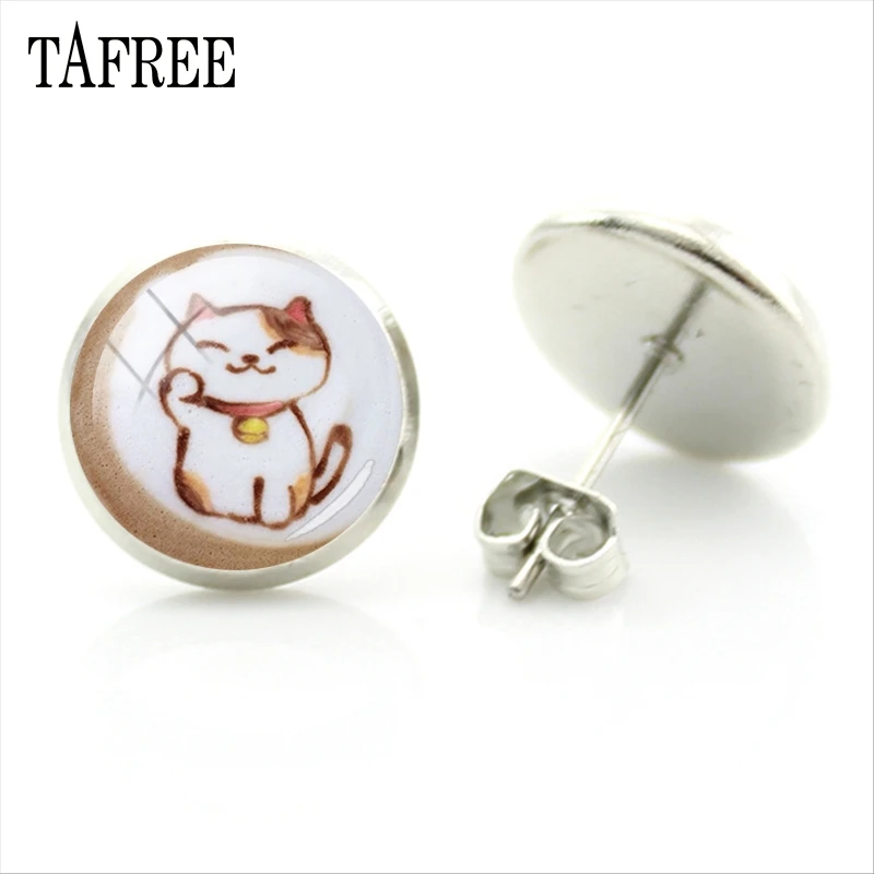 

TAFREE Lucky Cat Latte Art Stud Earrings Unique Style Popular Coffee Picture Cabochon Accessories & Ornaments QF300
