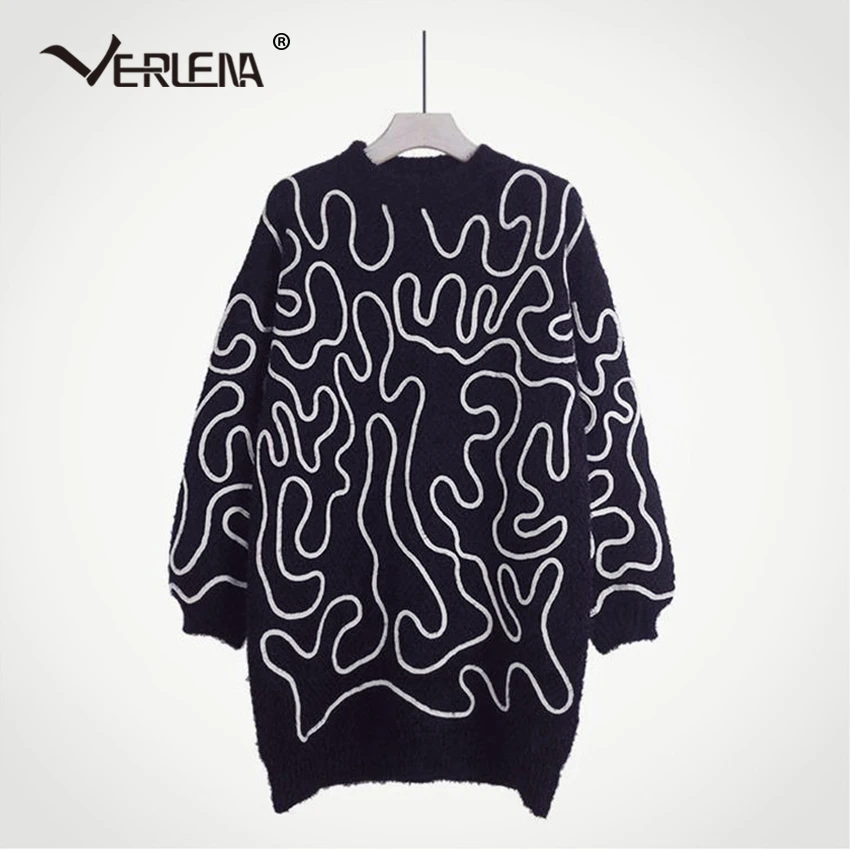 Verlena Loose Fluffy Jumper Long Wide Sleeve Streetwear Winter Sweater Dress Women 2019 Abstract Pattern Sweaters Pullover | Женская