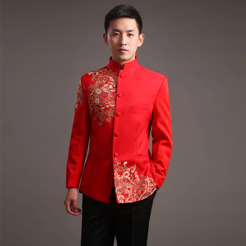 Cheongsam moderno para hombre, Vestido de novio tradicional Oriental, ropa china con bordado rojo, Túnica, traje tradicional chino