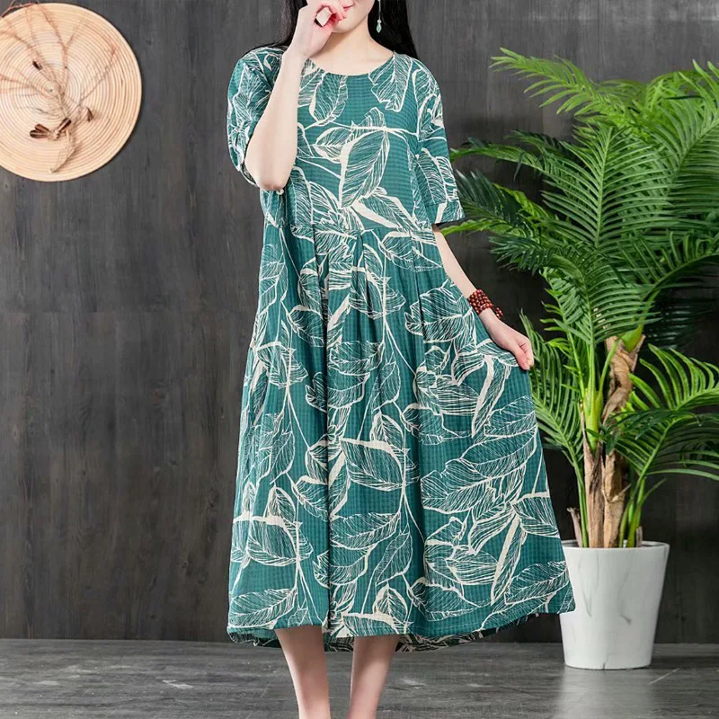 Модное женское хлопковое льняное платье с круглым вырезом и принтом больших