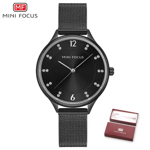 MINIFOCUS минималистский Роза Золотой Элегантный кварцевые для женщин часы лучший бренд класса люкс сетчатый ремешок Кристалл платье шик - Цвет: BLACK