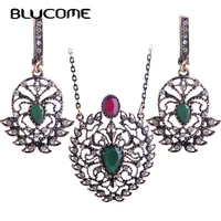 blucome turkish green flower necklace earrings set large pendant jewelry sets resin bijoux for women lady wedding accessories