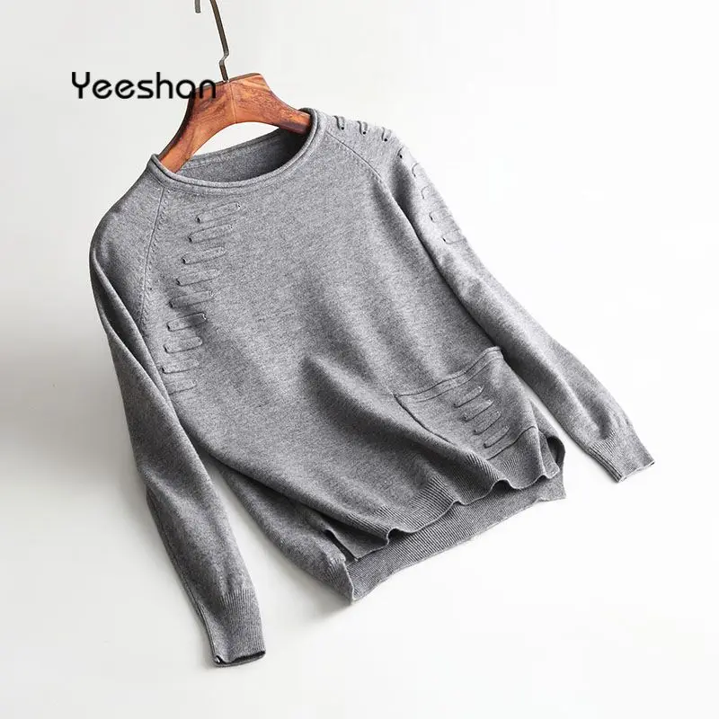 Yeeshan зимний свитер женский 2017 круглый вырез черный белый верблюжий элегантный