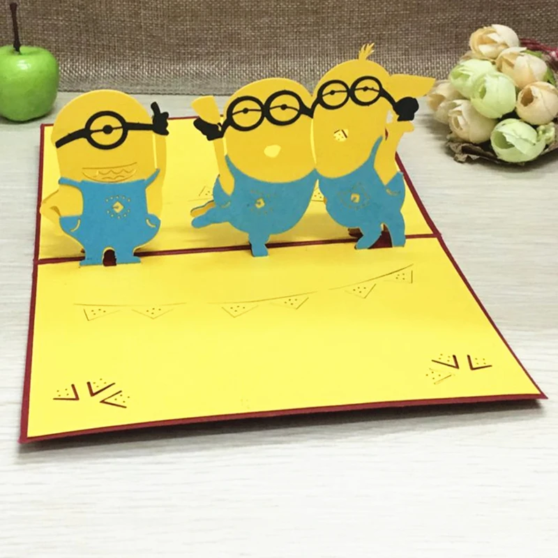 1pcs Sample Minions Postcard Greeting Gift Cards Kraft Kirigami 3D Handmade Pop Up Laser Cut with Envelope Kids Birthday Gifts | Дом и сад