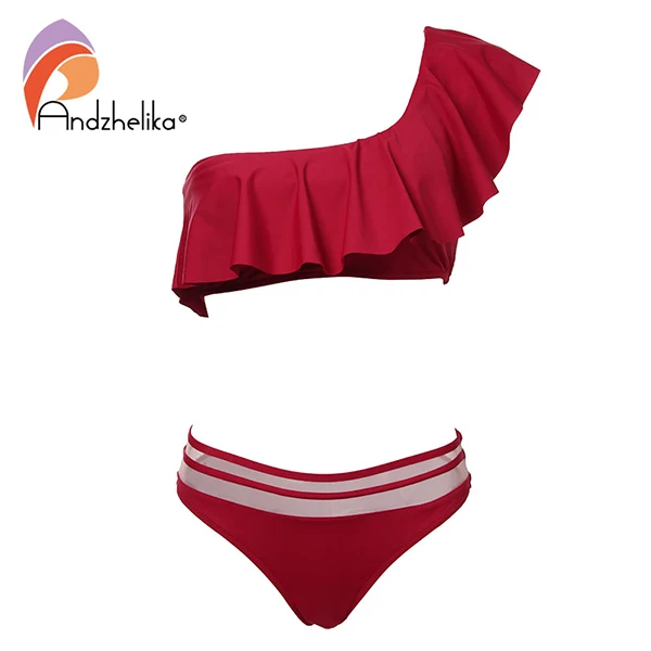 Red Andzelika bikini женский купальник бикини. Топ на одно плече с рюшами и плавки - Цвет: Red