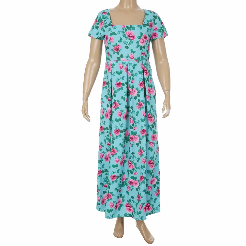 Ybenlow Plus Size Summer Beach Dresses 2017 Floral Printing Turquoise Colors Short Sleeve Pockets Empire Women Long Dress Женская