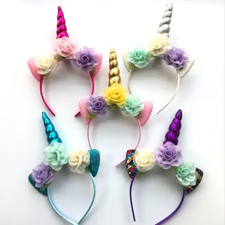 

20pcs Glitter Metallic Unicorn Headband Girls Chiffon Flowers Hairband For Kids Leaf Flower Unicorn Horn Party Hair Accessories