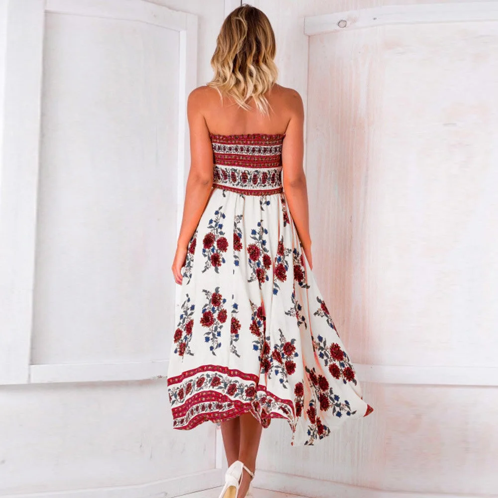 Loneyshow 2018 Summer Dress Women Slash Neck Sexy Holiday Printed Mid-Calf Length Dresses | Женская одежда