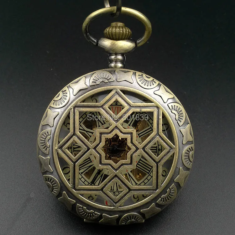 Bronze Tone Steampunk Skeleton Mechanical Hand Wind Pocket Watch w/Chain Half Hunter Luxury Timepiece | Наручные часы