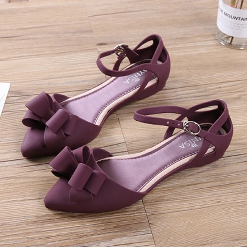 Purple HEE GRAND/летние прозрачные сандалии; женская пляжная мягкая обувь на низком каблуке с острым носком и милым бантом; женская обувь на плоской подошве; XWZ5962 - Цвет: Purple