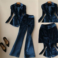 fashion pants suit female fall winter new high quality casual gold velvet suit femalewide leg pants two piece ol suit women