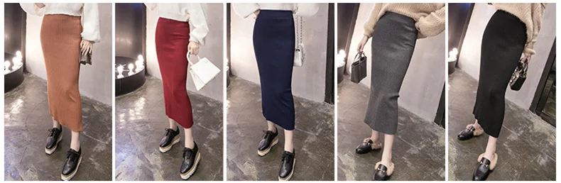 Женские вязаные юбки с высокой талией, длинные, облегающие, вязанные, юбка-карандаш, женская, с разрезом сзади, облегающие, женские юбки, черные, весна,# S
