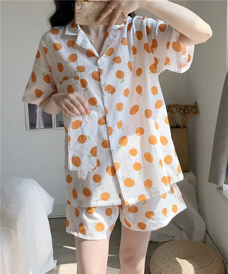 Fdfklak Orange print pyjamas women cotton sleepwear set casual student's nightwear pijama home wear pajamas sets with Eye mask | Женская