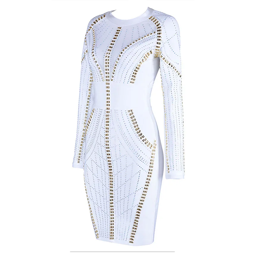 Новое модное зимнее белое черное Бандажное платье с бисером Vestidos Сексуальные облегающие платья с длинным рукавом вечернее платье