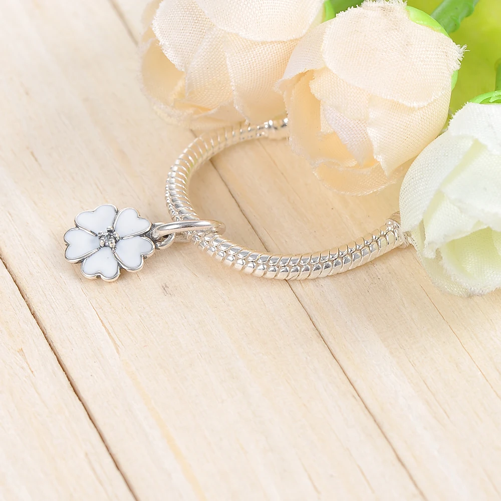 Suplush Silver White Enamel Flower Pendant Charm Beads Fit Original Bracelet 925 Sterling Fine Jewelry PSMB0368 |