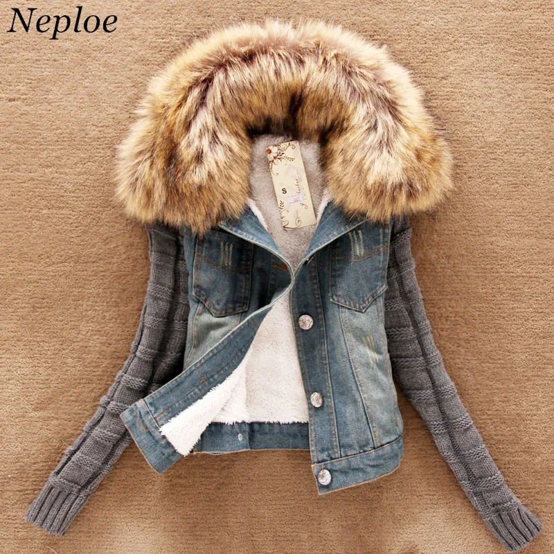 Neploe 2019 Новая Осенняя джинсовая куртка из флока теплая плотная большой меховой
