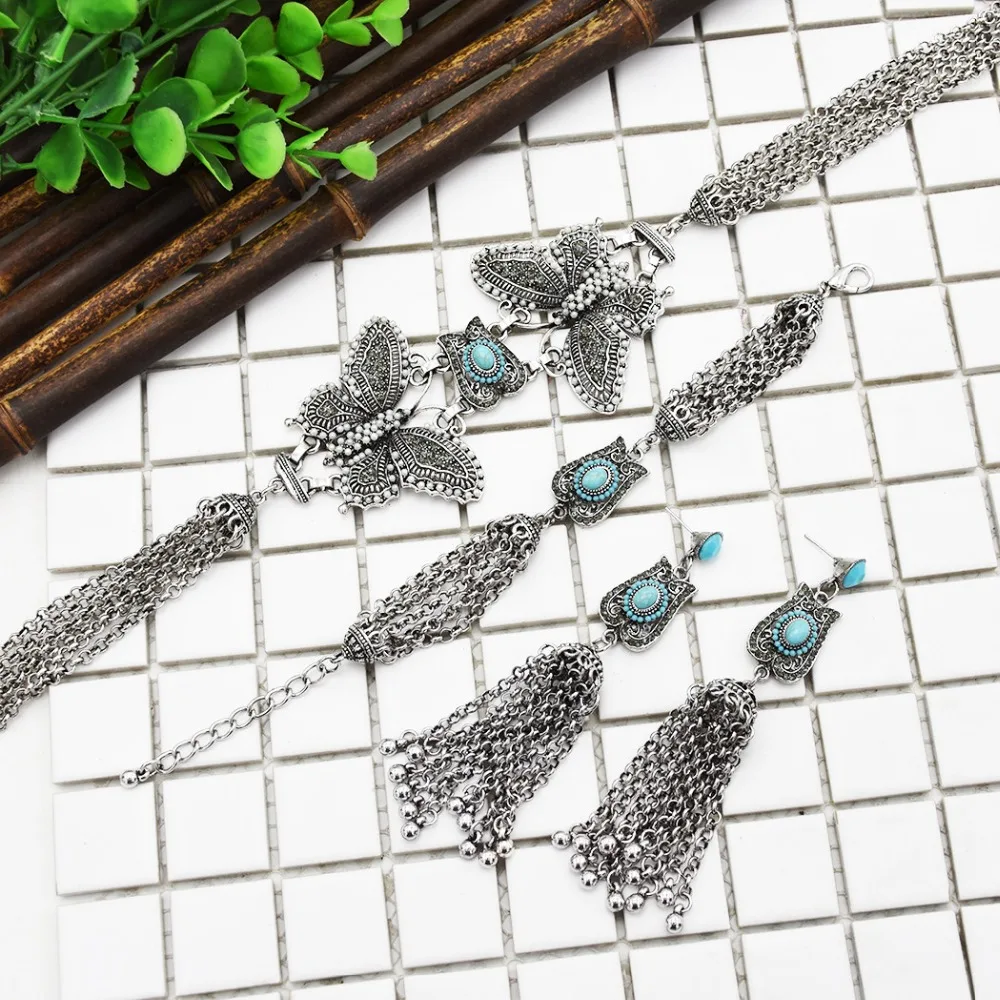 

Big Long Tassel Butterfly Drop Earrings Bracelet Bib Statement Necklace Turquoises Waist Belly Body Chain Indian Afghan Jewelry.