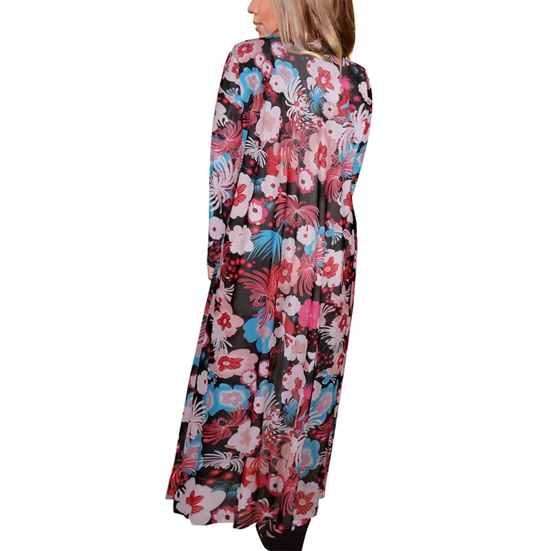 LOHILL 2017 New Womens Floral Print Chiffon Long Maxi Kimono Kaftan Ladies Summer Beach Cardigan |