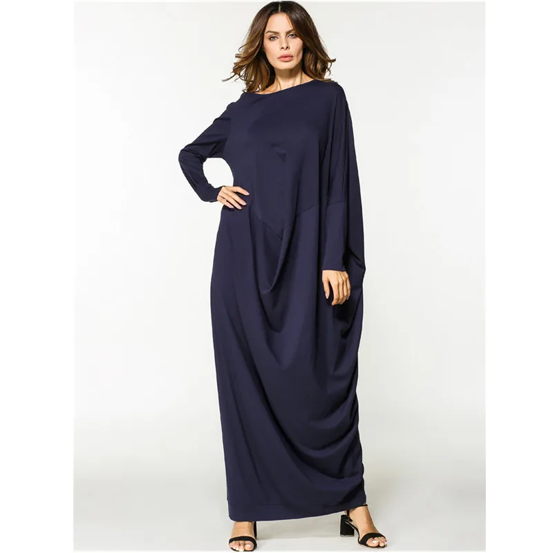 Новое Женское Макси платье простое платье платья рукав «летучая мышь» abaya лоскутное Ближний Восток свободный стиль мусульманская Марокканская Исламская одежда - Цвет: Navy Blue