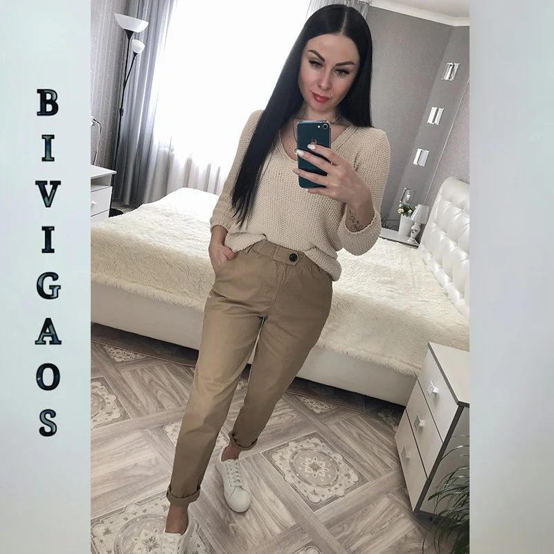 BIVIGAOS новая весенняя женская одежда прямые комбинезоны повседневные штаны-шаровары Корейская эластичная талия треугольная Пряжка брюки карго модный Женщин-брюки Комбинезон