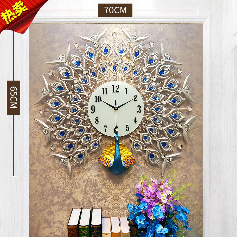 silver 70x65cm Европейский павлин настенные часы Креативный Кристалл Павлин Настенный декор большие настенные часы для гостиной металлические настенные украшения - Цвет: silver 70x65cm