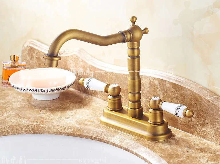 

Antique Brass 4" Centerset Kitchen Bathroom Vessel Sink Two Holes Basin Swivel Faucet Dual Ceramics Handles Water Tap anf425