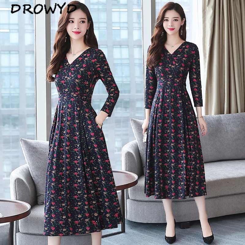 New Summer Vintage Long Sleeve V-neck Large Size MiDi Dress 2019 Bohemian Casual Mature Sexy Women's Club Party Vestidos | Женская