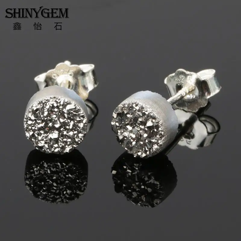 SHINYGEM 4 мм крошечные 925 пробы Серебристые друзы серьги-гвоздики сверкающий кристалл маленький круглый натуральный камень серьги для женщин ювелирные изделия - Окраска металла: Silver