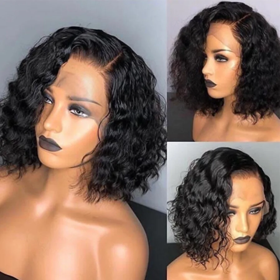 Remy Lace Front Human Hair Wigs BOB Curly 150% Density Malaysian Short Cut Natural Color | Шиньоны и парики