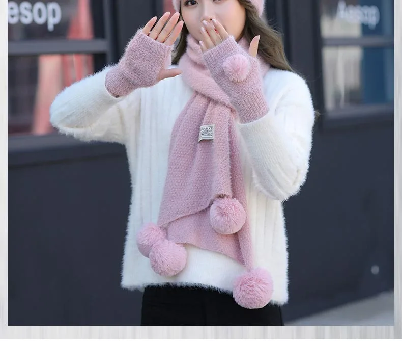 Шапка вязаная шапка 2 шт. harajuku для женщин зимние теплые трикотажные Venonat шапка бини+ шарф утепленная одежда комплект помпоном хип хоп