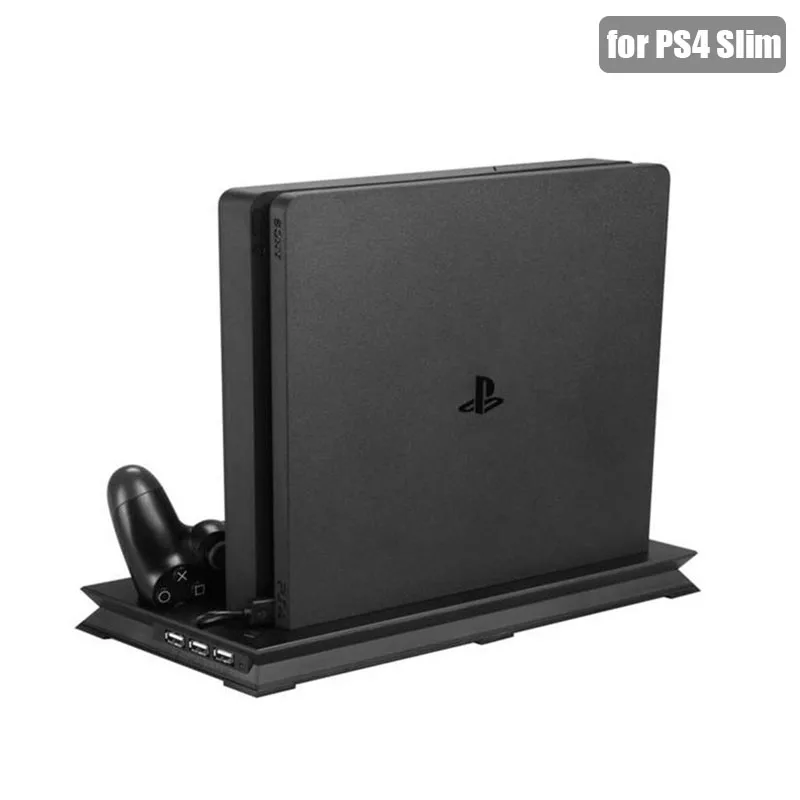 PS4 Slim Vertical Stand with Wireless Controller Charging Dock + Cooling Fan + 3 USB Ports for Playstation 4 Slim Game Console