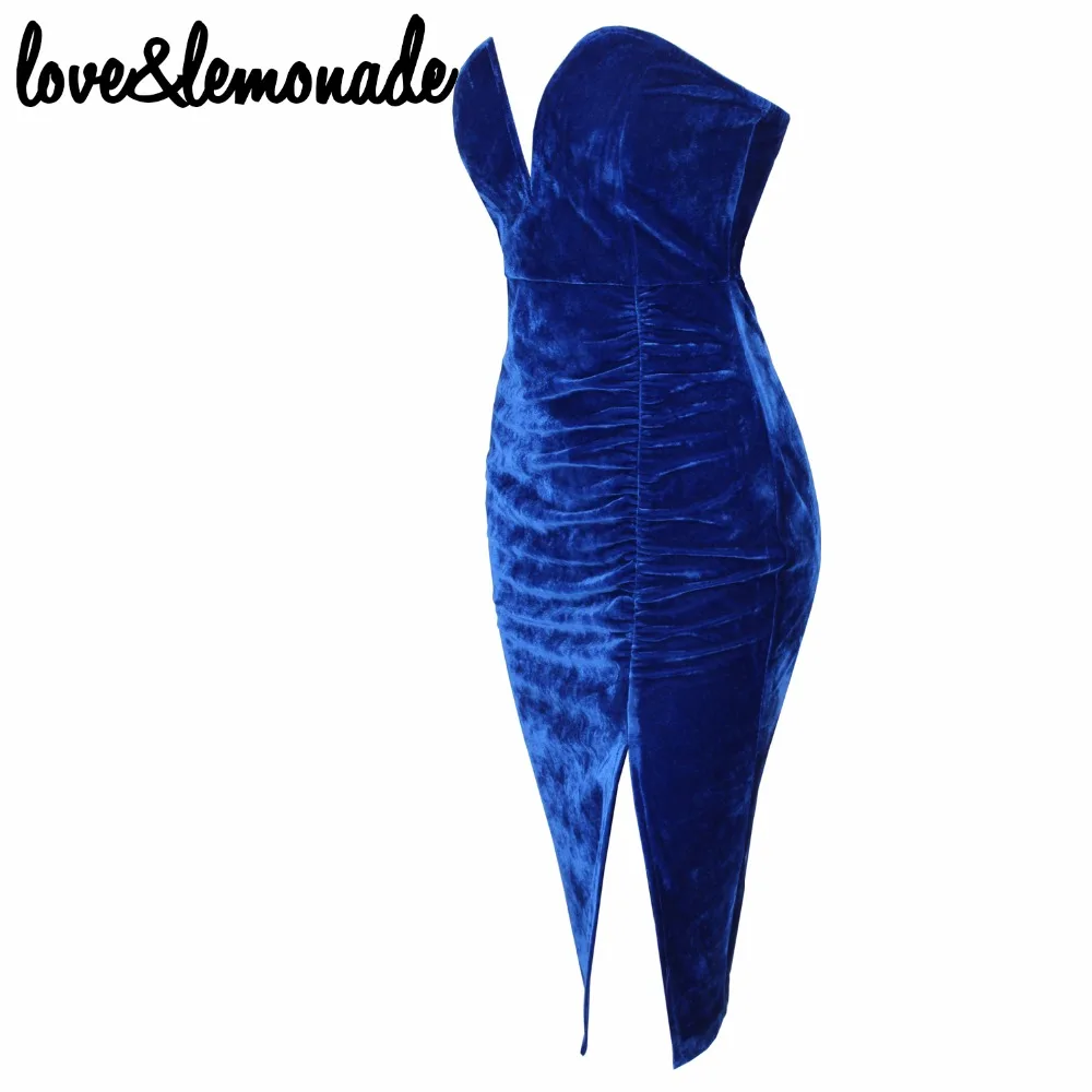 Бархатное платье с v образным вырезом и разрезом Love & Lemonade Blue TB 9889|dresse|dresses cutedresses