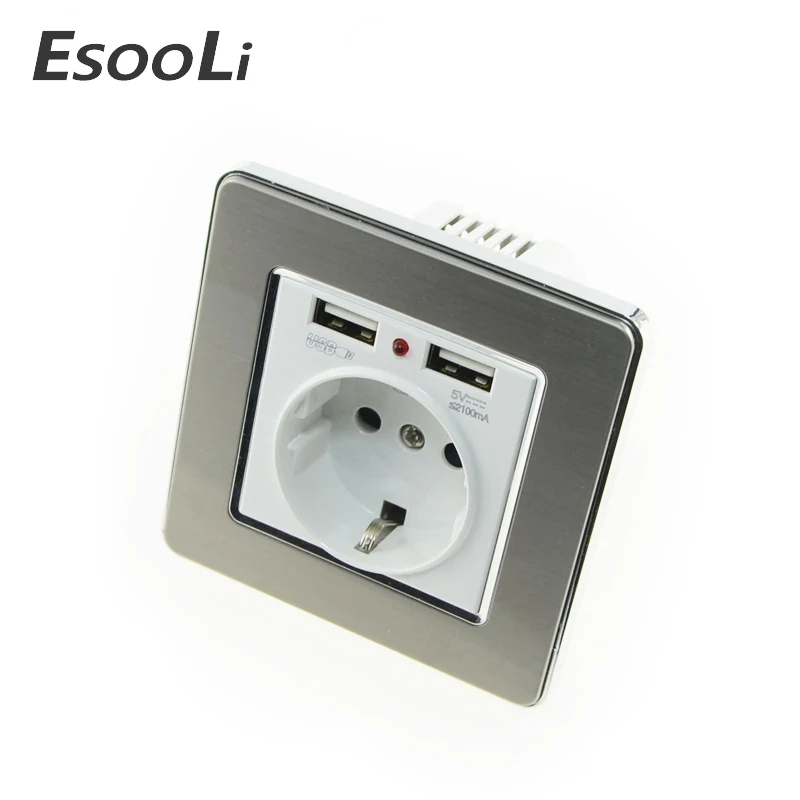 EsooLi розетка мощность 16A ЕС стандартный выход с 2A двойной usb-порт для зарядки для мобильного телефона нержавеющая сталь USB разъем питания