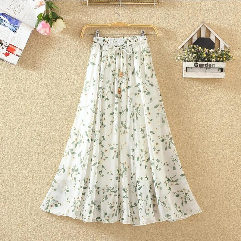 

2019 Summer Pleated Skirt Women Fashion New Bohemia A-line Print Floral Chiffon Skirts High Waist jupe Casual Beach Long Skirt