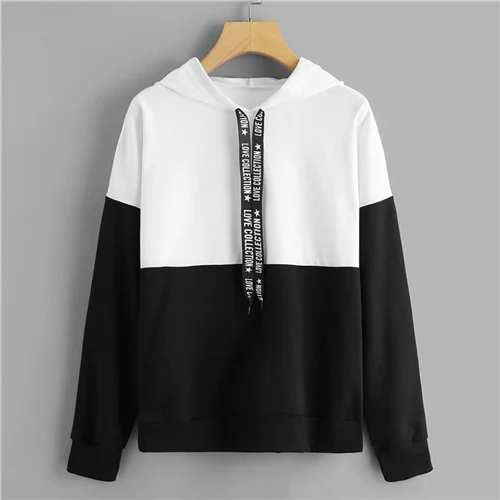 Black and White ROMWE черно-белая толстовка с капюшоном и буквенным принтом женская повседневная осенняя одежда с длинным рукавом женские весенние пуловеры с капюшоном - Цвет: Black and White